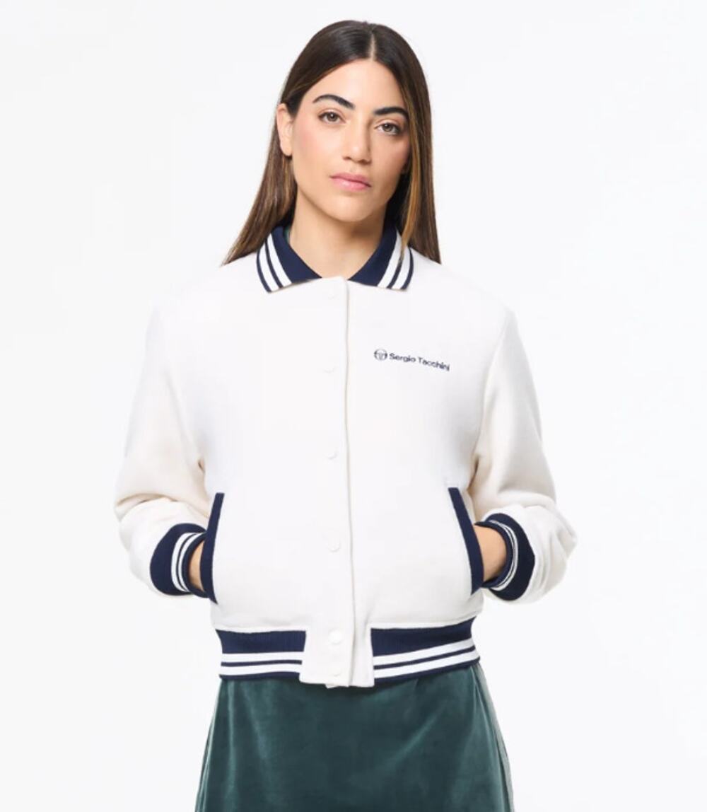 SERGIO TACCHINI Marisa Varsity Jacket Gardenia White Navy Wool Blend Women's S